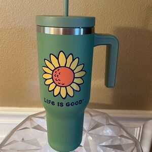 Life Is Good HTF Green Sunflower Metal Tumbler 32 Ounce